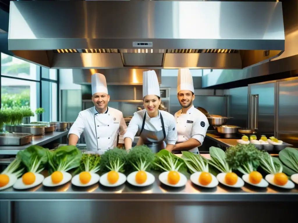 Un restaurante sostenible donde chefs preparan platos con precisión y pasión