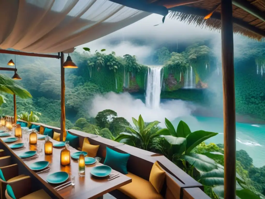 Un restaurante sostenible en la selva tropical con comensales disfrutando de platos frescos bajo un dosel de vegetación exuberante