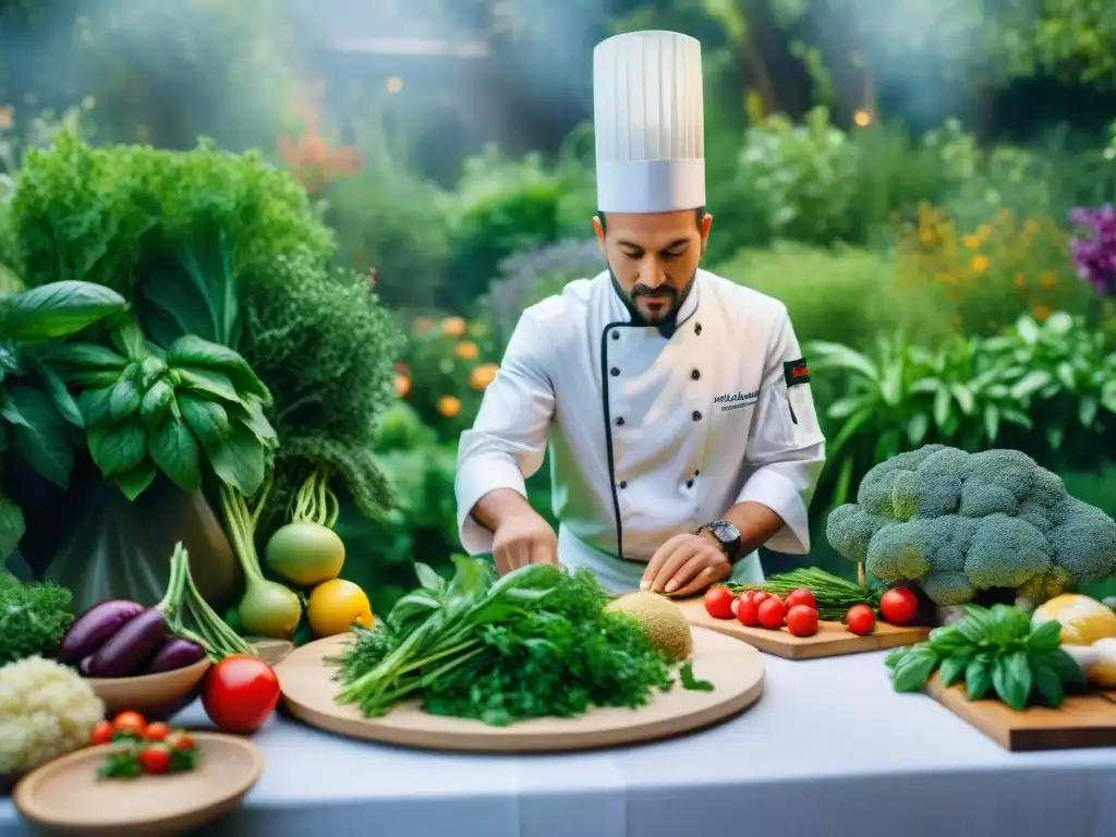 Retiro culinario de lujo en jardín exuberante Retiro gastronómico fusionando innovación y tradición en un jardín exuberante con chefs y participantes entusiastas