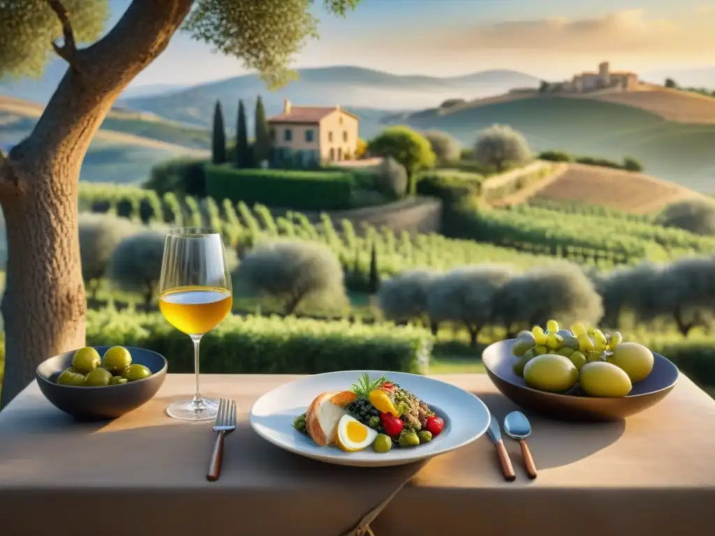 Retiro campestre: cena mediterránea en viñedos dorados Un retiro gastronómico innovador y tradicional en una villa de piedra rodeada de viñedos y olivos, con una mesa elegante de platos mediterráneos