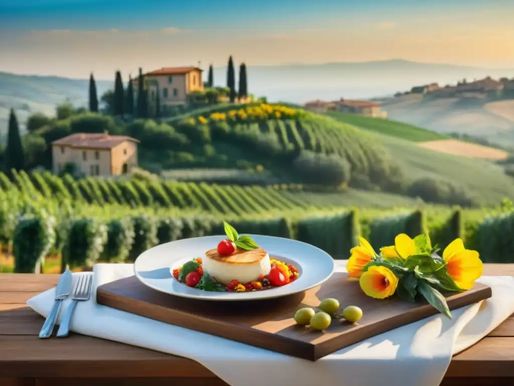 Un retiro gastronómico de lujo en Italia: villa lujosa entre colinas de la Toscana, piscina infinita y jardín de flores vibrantes al atardecer