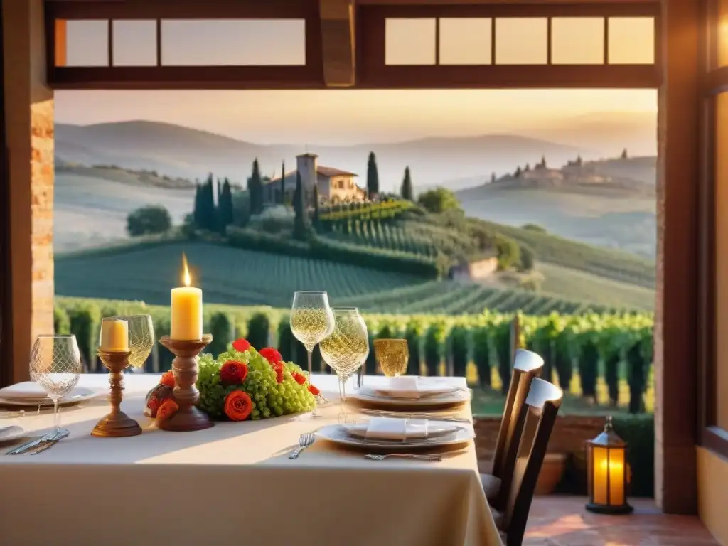 Retiro gastronómico de lujo en Italia: Villa toscana rodeada de viñedos, mesa de madera con exquisitos platos y vinos, atardecer dorado