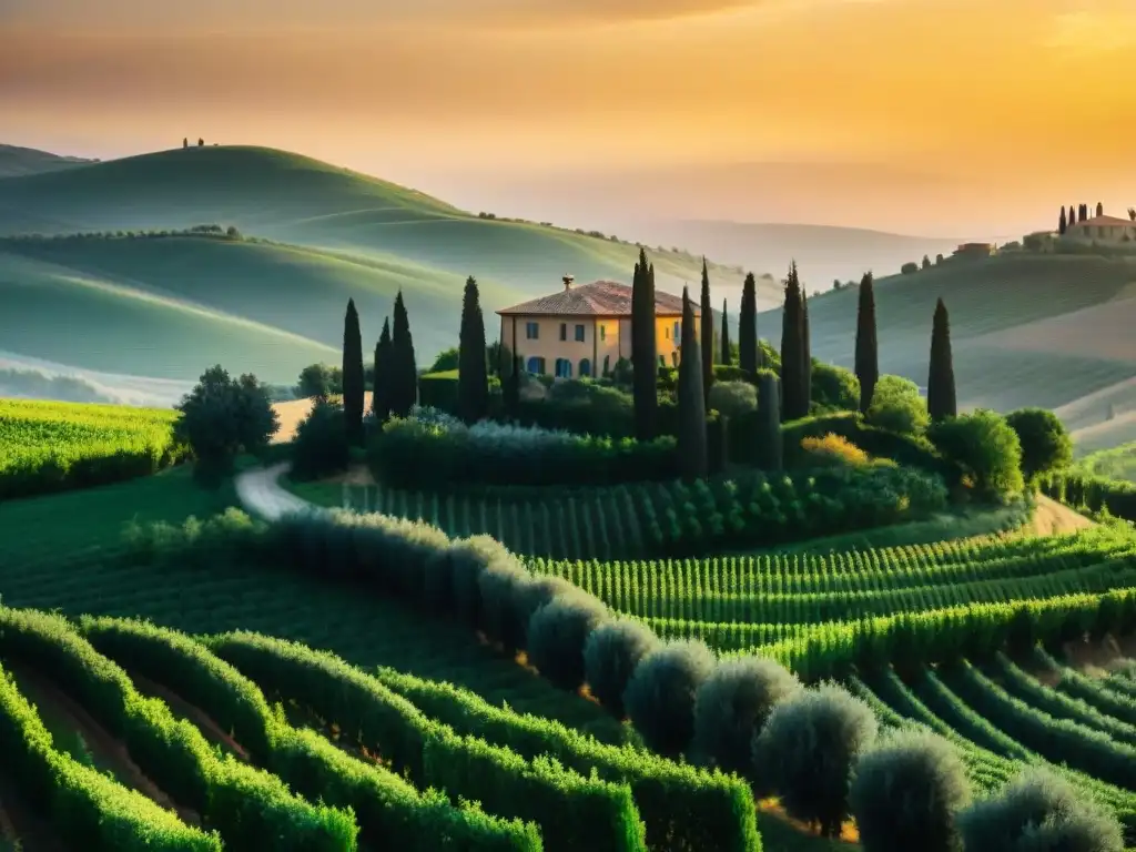 Un retiro gastronómico en la Toscana: una villa toscana rodeada de olivares y viñedos al atardecer