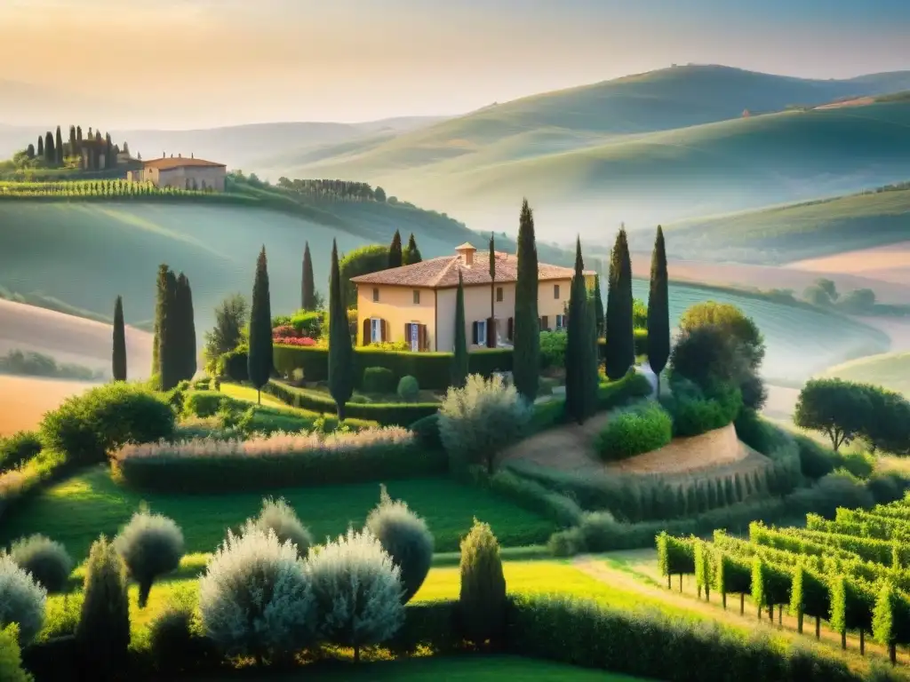Retiro gastronómico en la Toscana: Villa toscana entre viñedos y olivos al atardecer