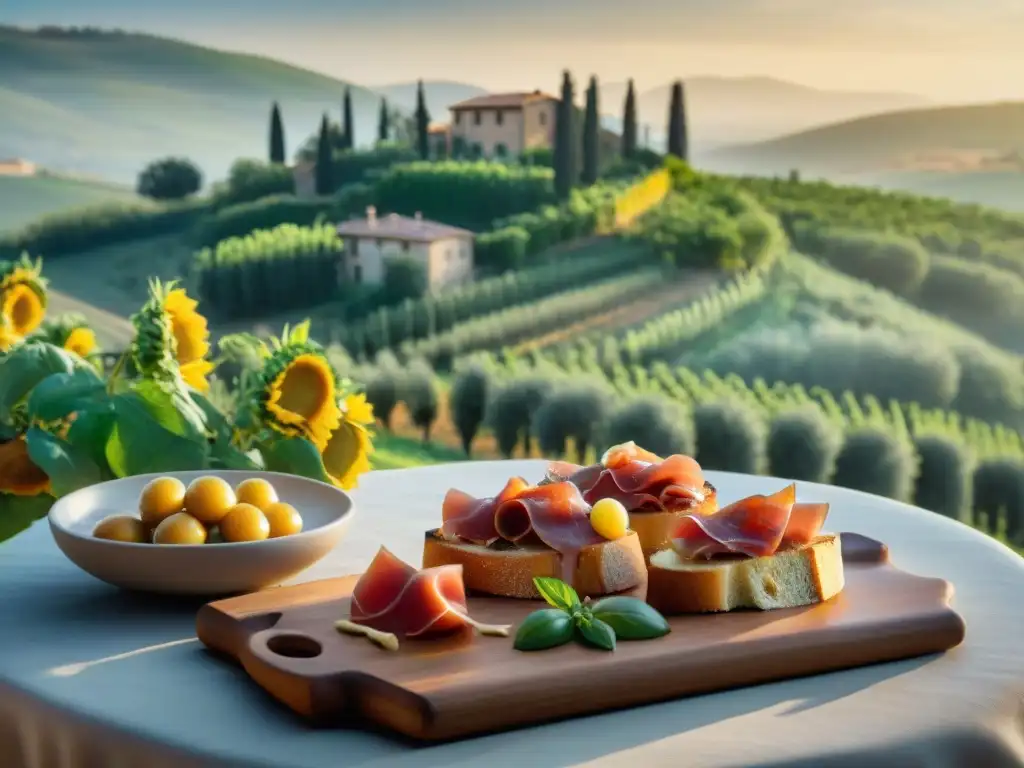 Retiros gastronómicos en la Toscana: Atardecer dorado en una granja toscana con olivares y viñedos, mesa con bruschetta, queso y vino Chianti