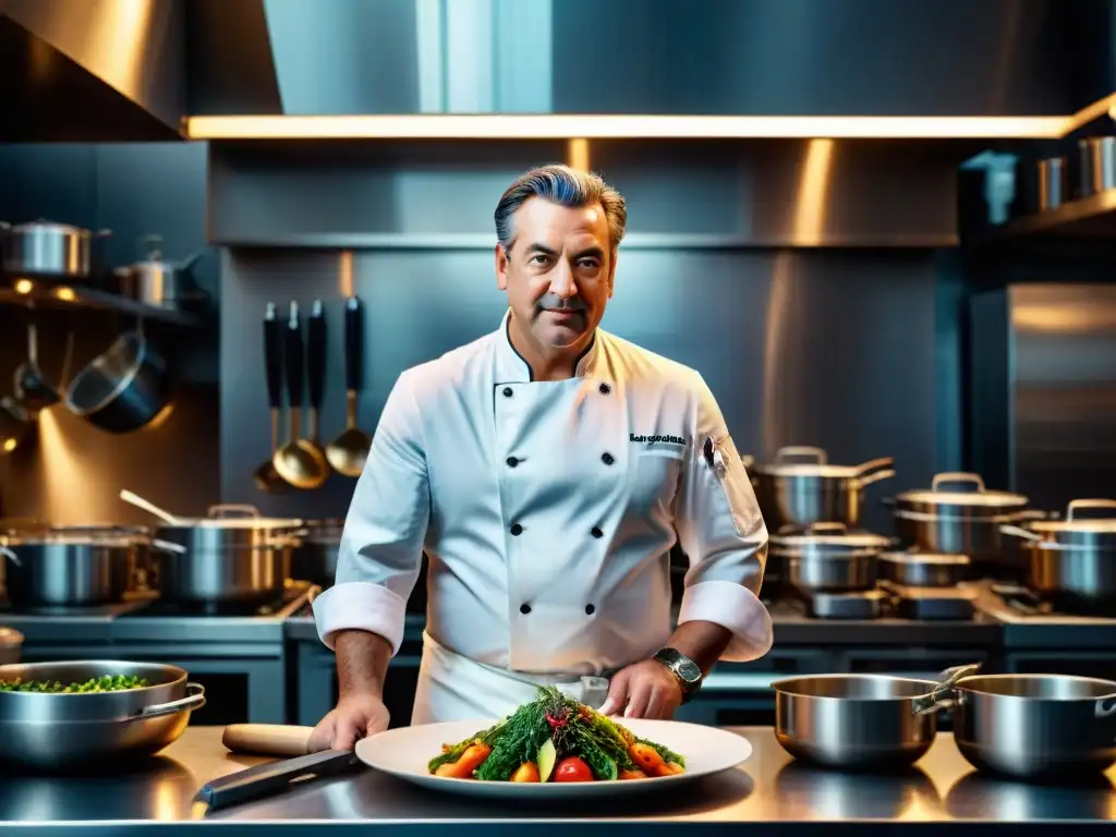 Retrato detallado de un chef en su elemento, rodeado de utensilios de cocina, reflejando pasión por la alta gastronomía