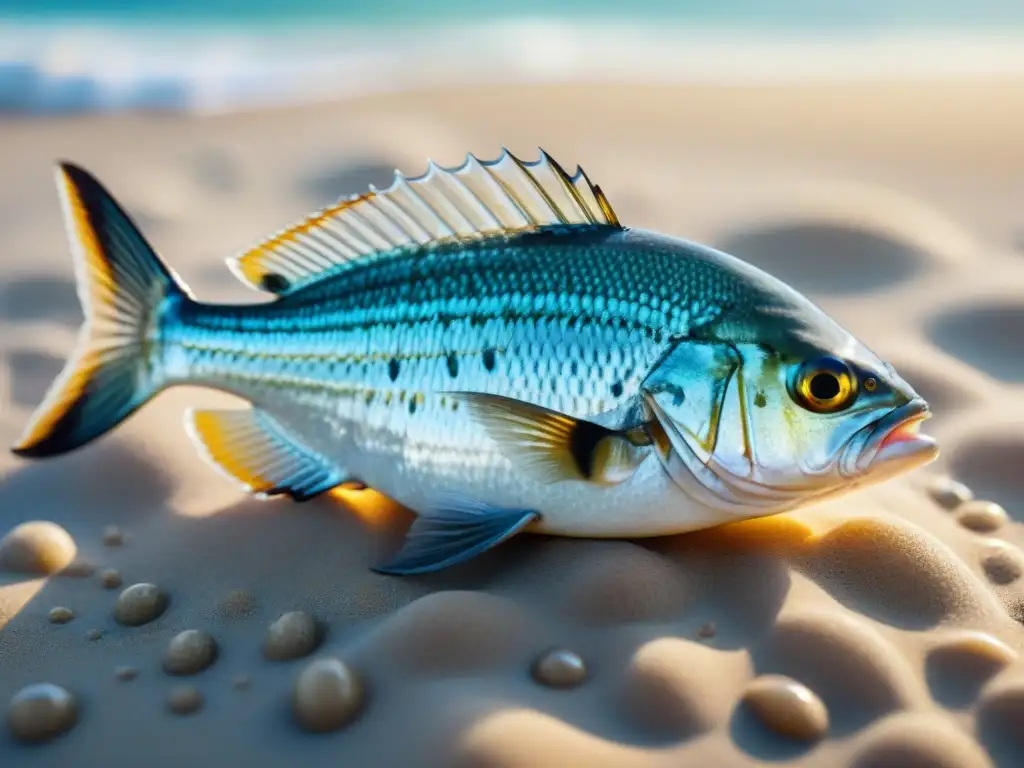 Un retrato detallado y realista de una corvina recién pescada, brillando bajo el sol en una playa de arena