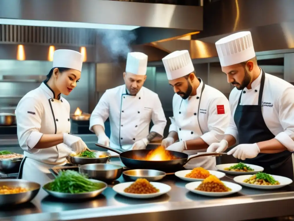 Un retrato emocionante de chefs apasionados de distintas culturas en una cocina de alta gastronomía