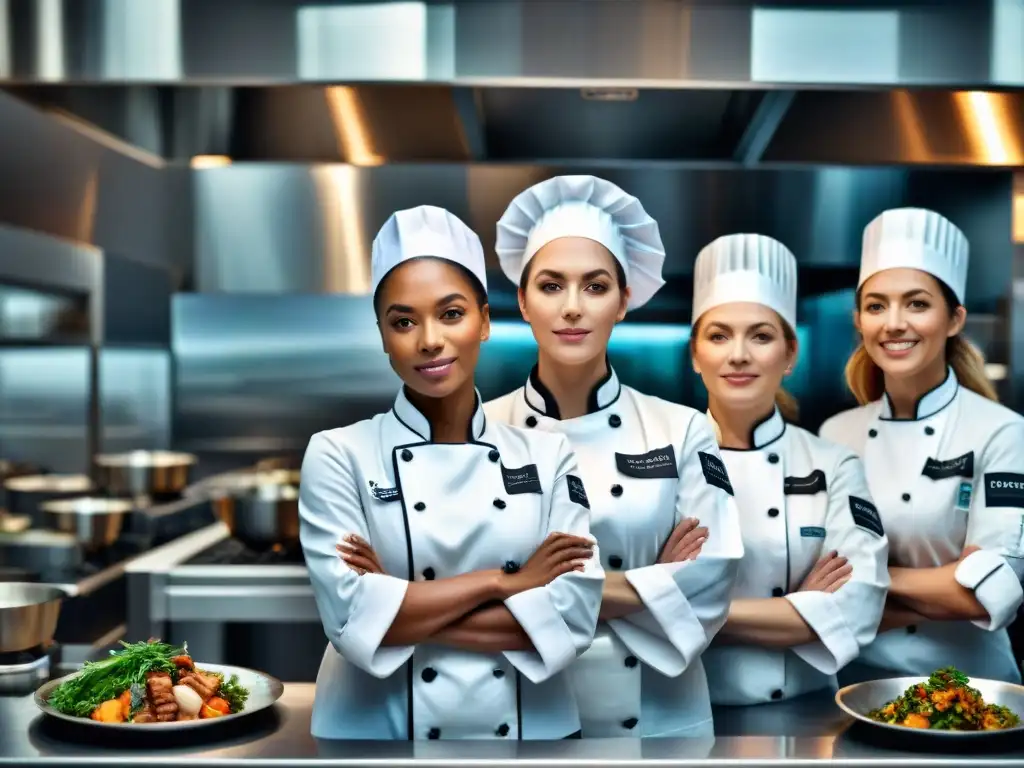 Un retrato de empoderamiento y colaboración de mujeres chefs en una cocina moderna