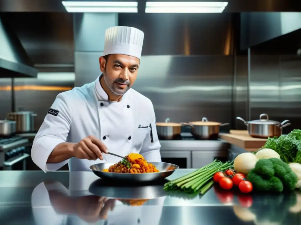 Un retrato hiperrealista de un chef de renombre en una cocina impresionante, pleno de pasión y alta gastronomía