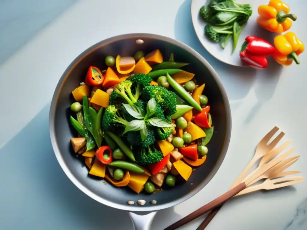 Un revuelto vegetariano vibrante en un wok tradicional, con verduras coloridas en su punto en una salsa asiática deliciosa