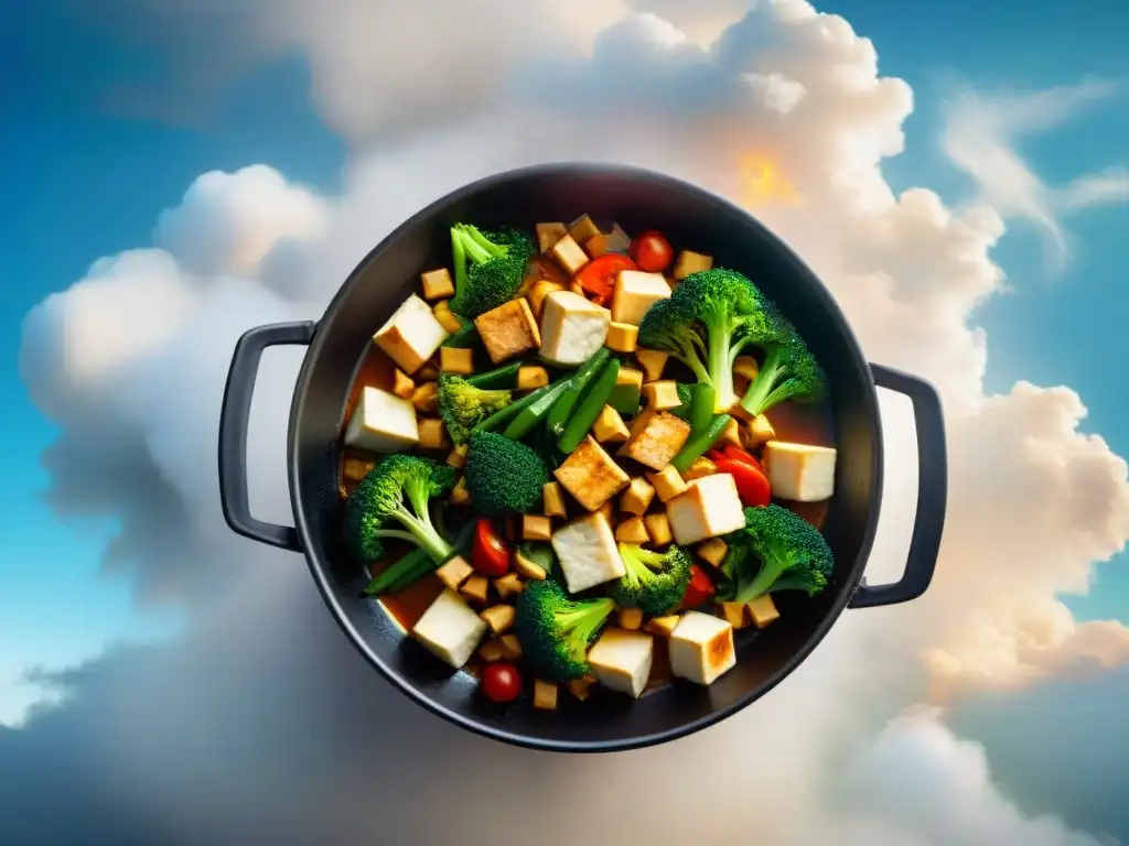 Un revuelto de verduras y tofu dorado en un wok, resaltando los beneficios del tofu en cocina