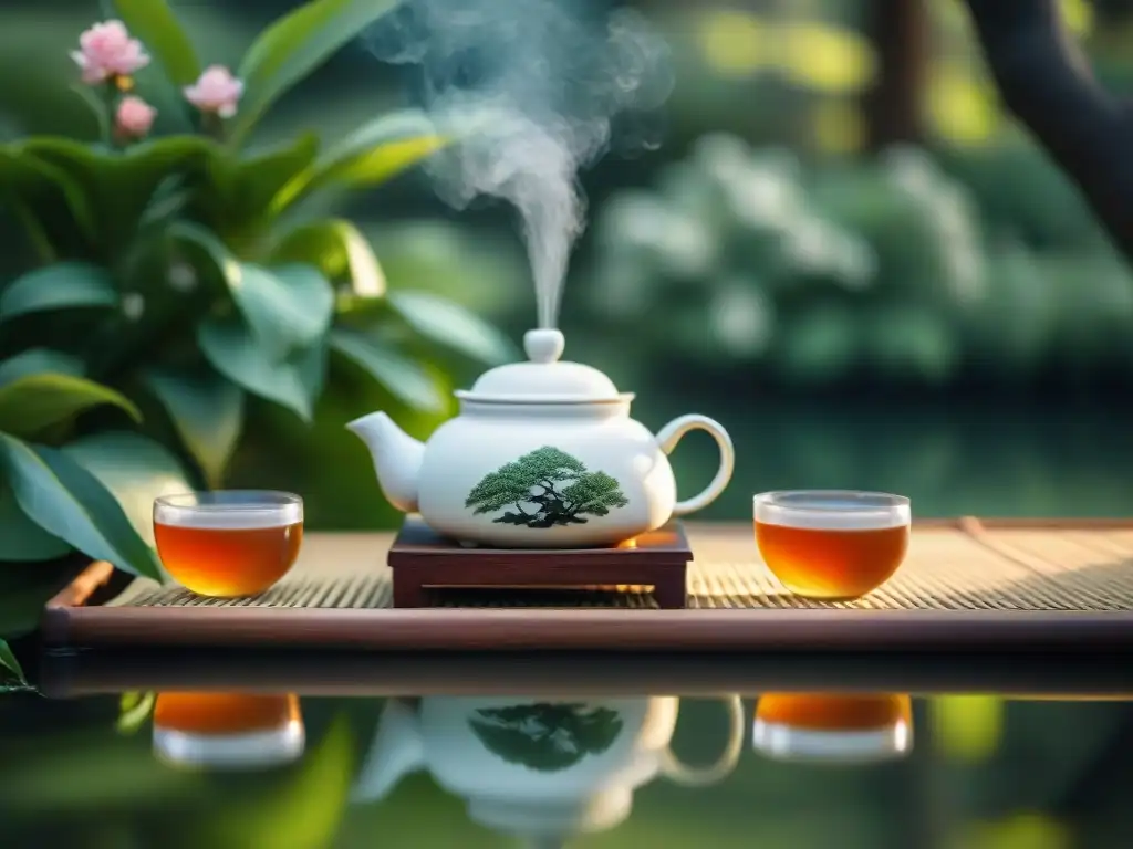 Un ritual de té chino en un jardín sereno: Té Oolong beneficios y preparación