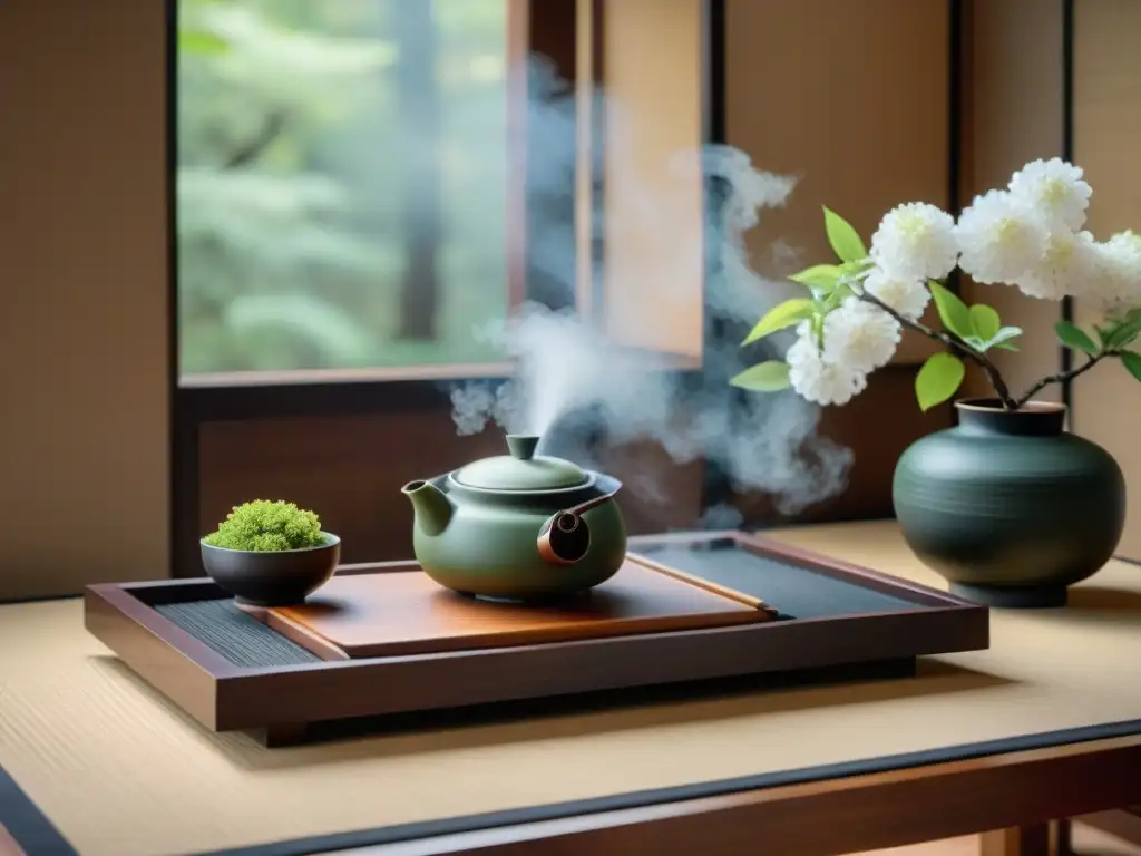 Un ritual japonés del té con set tradicional en una elegante sala de tatami