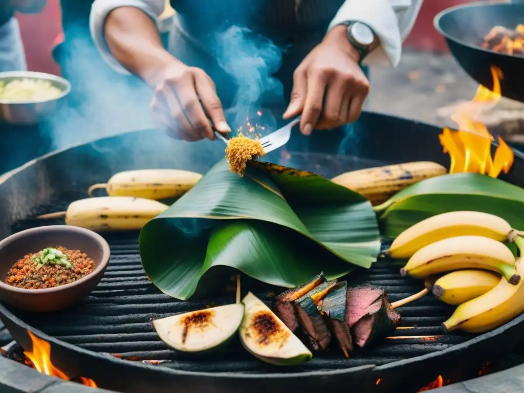 Ritual de sabor uniendo México: preparación de barbacoa con chef experto y gente alrededor del hoyo con brasas y hojas de plátano