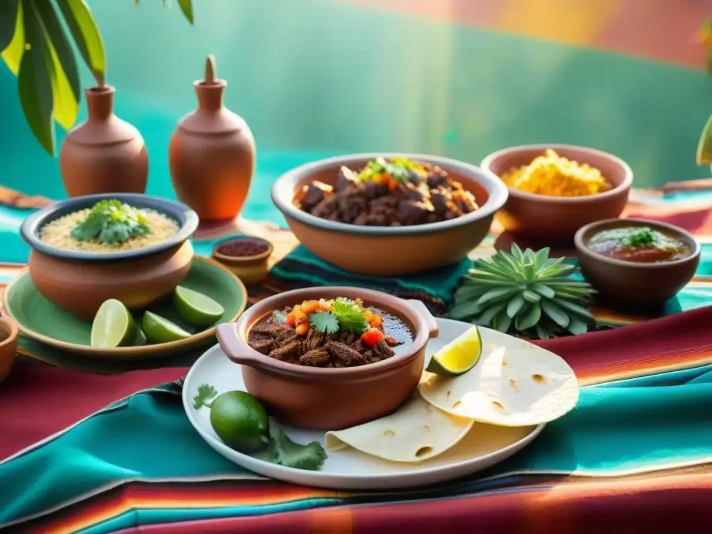 Un ritual de sabor uniendo México: mesa colorida con barbacoa, salsas y tortillas, gente diversa disfrutando bajo un árbol soleado