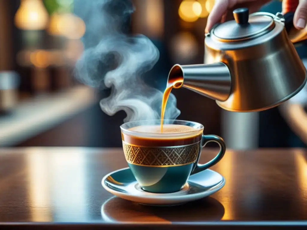 Un ritual secreto de café turco: un barista maestro vierte café oscuro en una taza ornamental en un café turco encantador y bullicioso