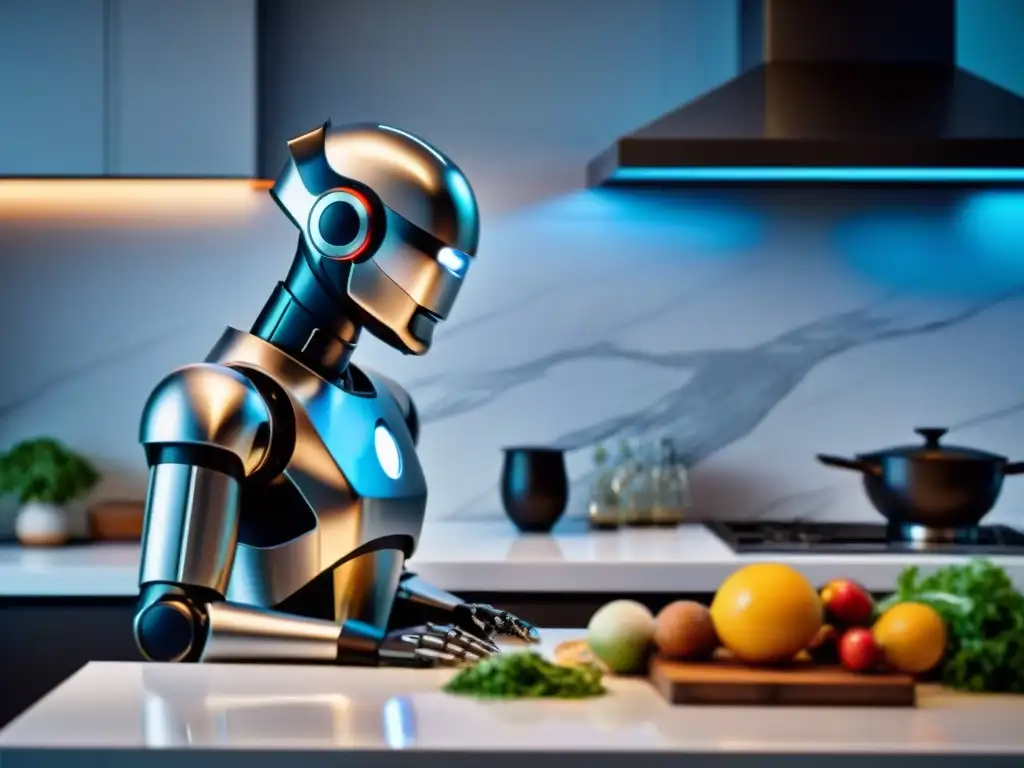 Un robot de cocina para gourmet preparando una comida de lujo en una cocina moderna y elegante