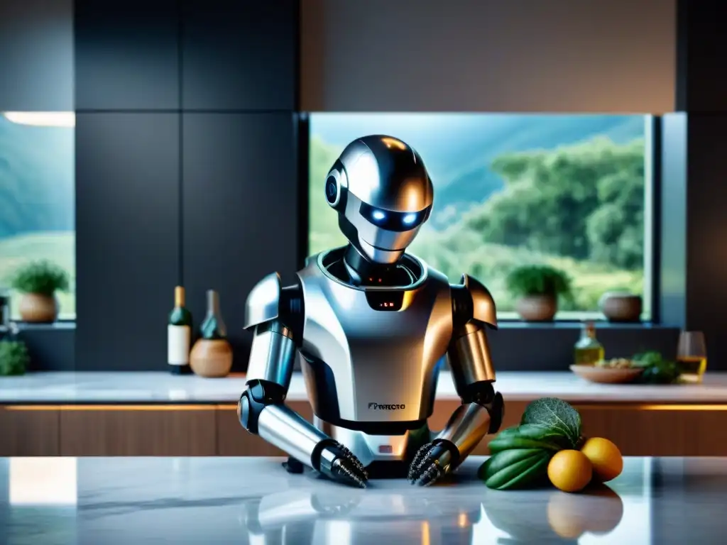 Robot de cocina para gourmet en escenario lujoso con ingredientes orgánicos frescos y diseño moderno