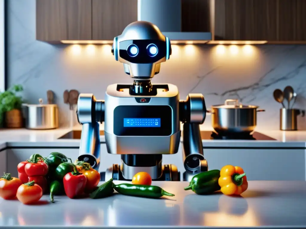 Un robot de cocina para gourmet rodeado de ingredientes frescos en una cocina moderna y sofisticada