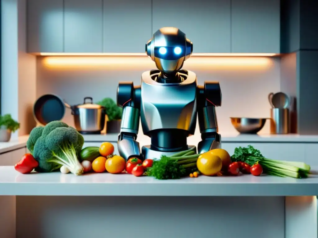 Robot de cocina para gourmet rodeado de ingredientes frescos en cocina moderna y elegante