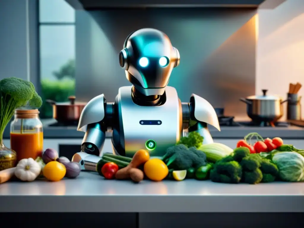 Un robot de cocina para gourmet preparando un sofisticado platillo entre ingredientes frescos, en una cocina profesional