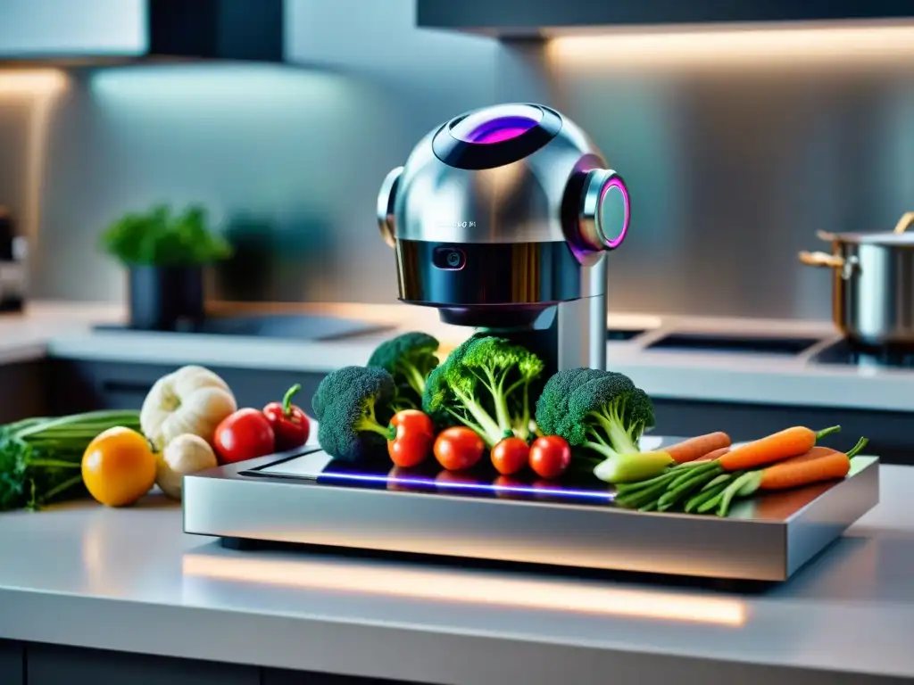 Un robot de cocina para gourmet cortando verduras con precisión en una cocina moderna y elegante