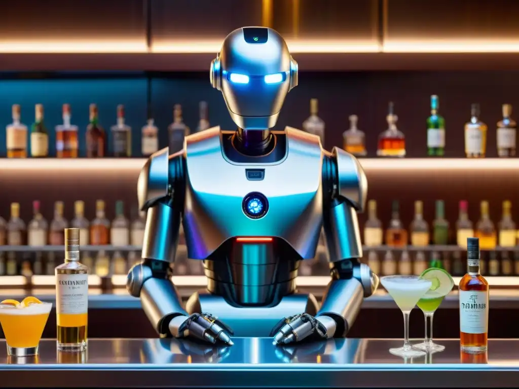 Un robot de coctelería futurista elabora cócteles premium en un elegante bar, asombrando a mixólogos con su innovación