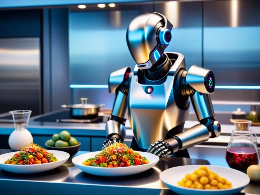 Robots de cocina para gourmet preparando exquisitos platos en cocina futurista de alta tecnología