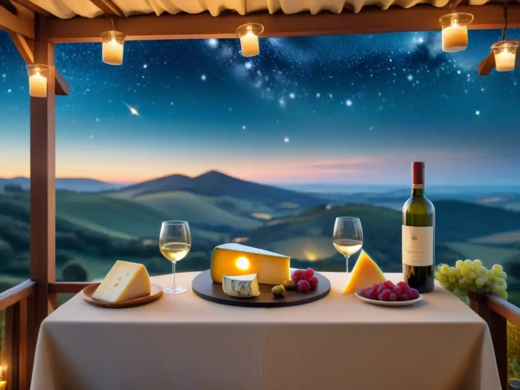 Noche romántica con quesos, vinos y estrellas bajo el cielo estrellado