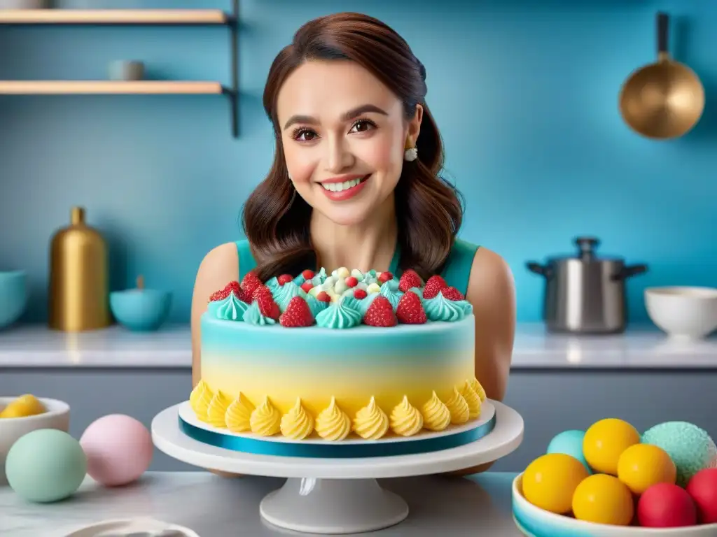 Rosanna Pansino decora una tarta con detalle en su estudio de cocina, reflejando su influencia en la gastronomía de Instagram