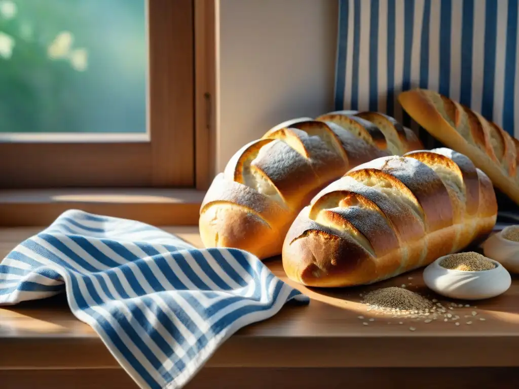 Un rústico mostrador de cocina cubierto de panes recién horneados, perfecto para un artículo sobre 'Panes fáciles sin amasar'