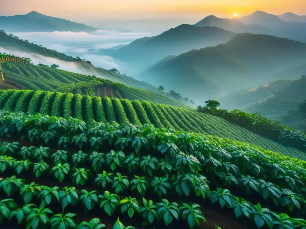 Plantación de café en la Ruta del Café Antiguas Vías Comerciales, con plantas verdes y un amanecer dorado