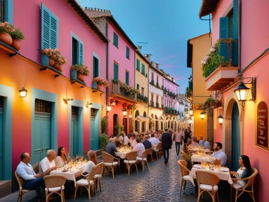 'Ruta tapas bares España gourmet: Calle empedrada llena de encanto, bulliciosa y colorida, con turistas y locales disfrutando de tapas al aire libre bajo la cálida luz de farolillos