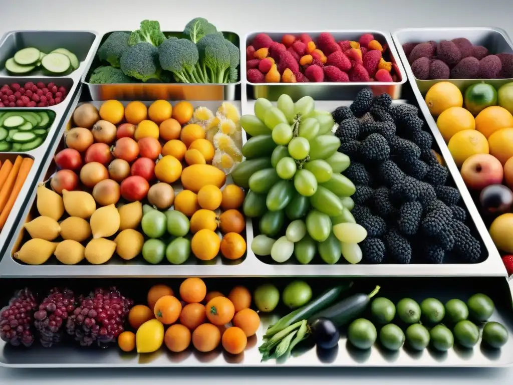 Creando sabores concentrados deshidratación: Frutas y verduras coloridas en bandejas de deshidratador, mostrando su transformación única