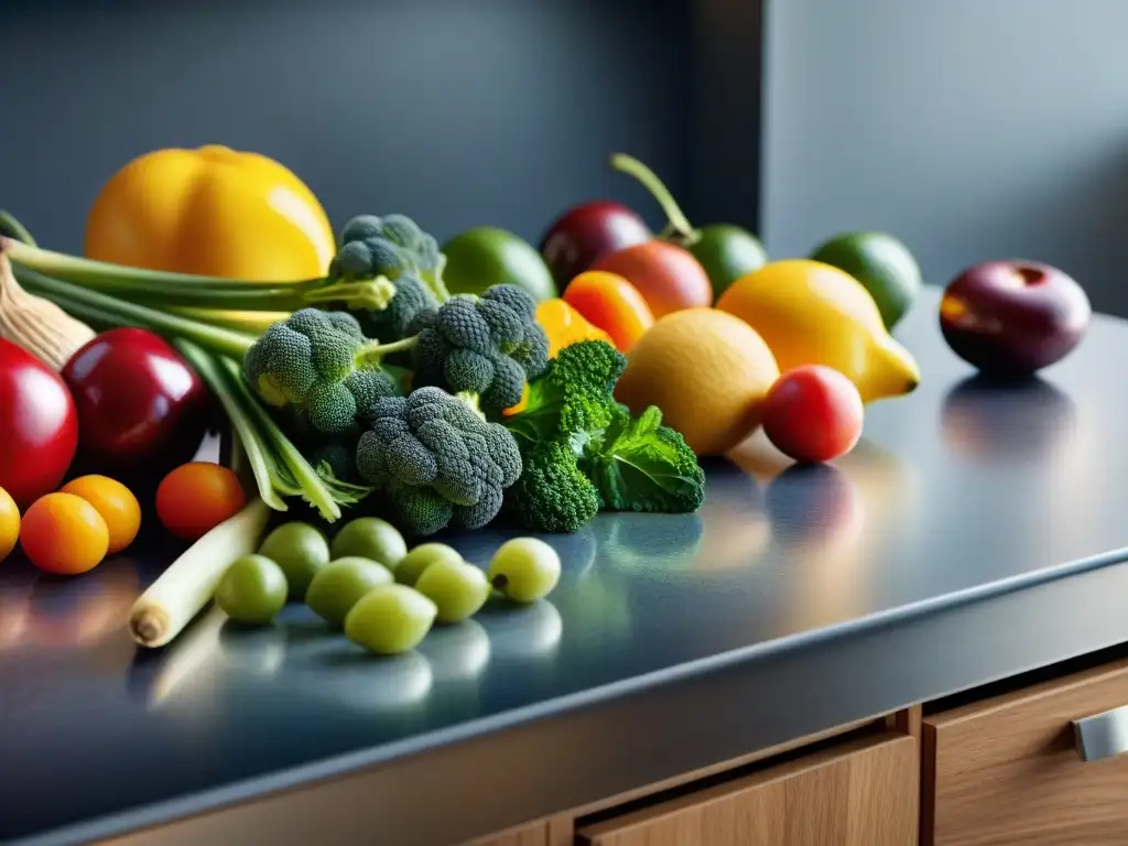 Creando sabores concentrados deshidratación: Imagen detallada de una cocina moderna con frutas y verduras deshidratadas vibrantes en la encimera