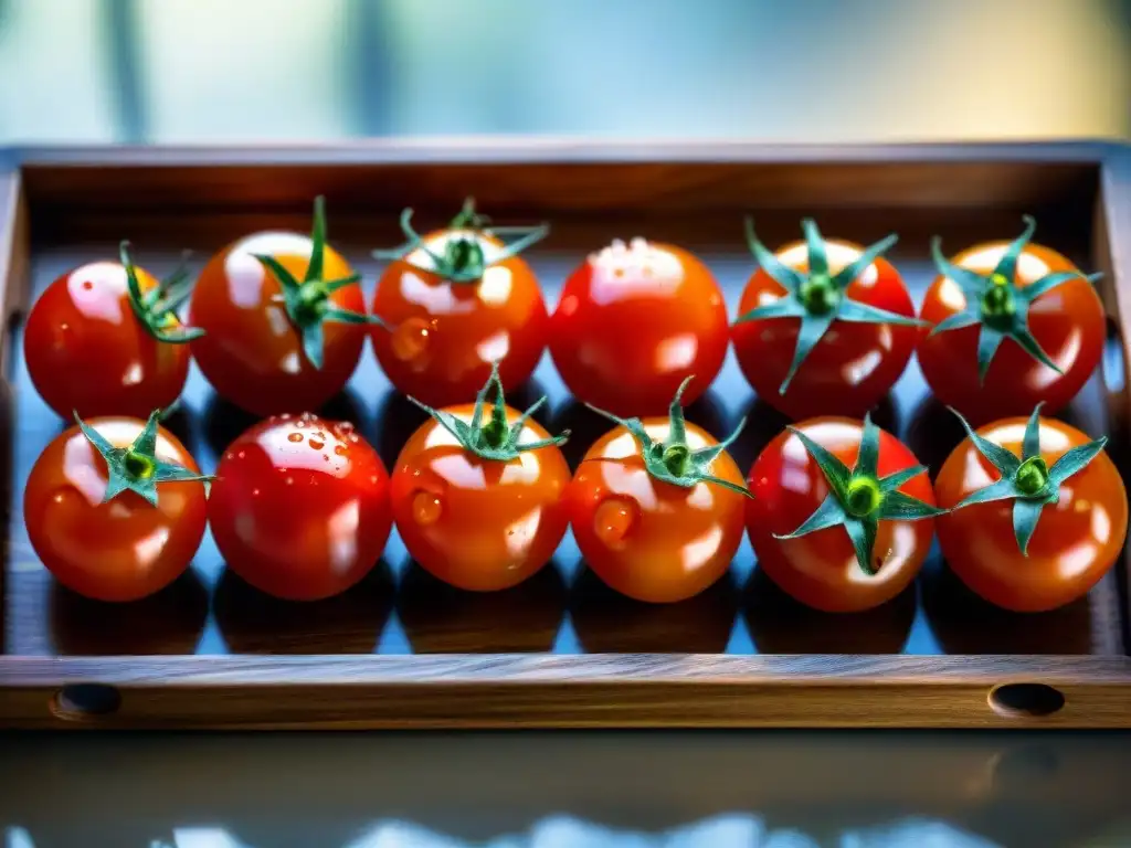 Creando sabores concentrados deshidratación: Tomates rojos vibrantes en bandeja de madera con gotas de agua, iluminados por el sol