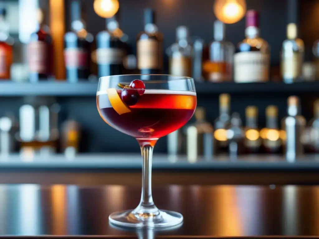 Sabores exóticos en cocteles vuelta mundo: Manhattan rojo con arándanos y cáscara de naranja en copa elegante sobre barra moderna