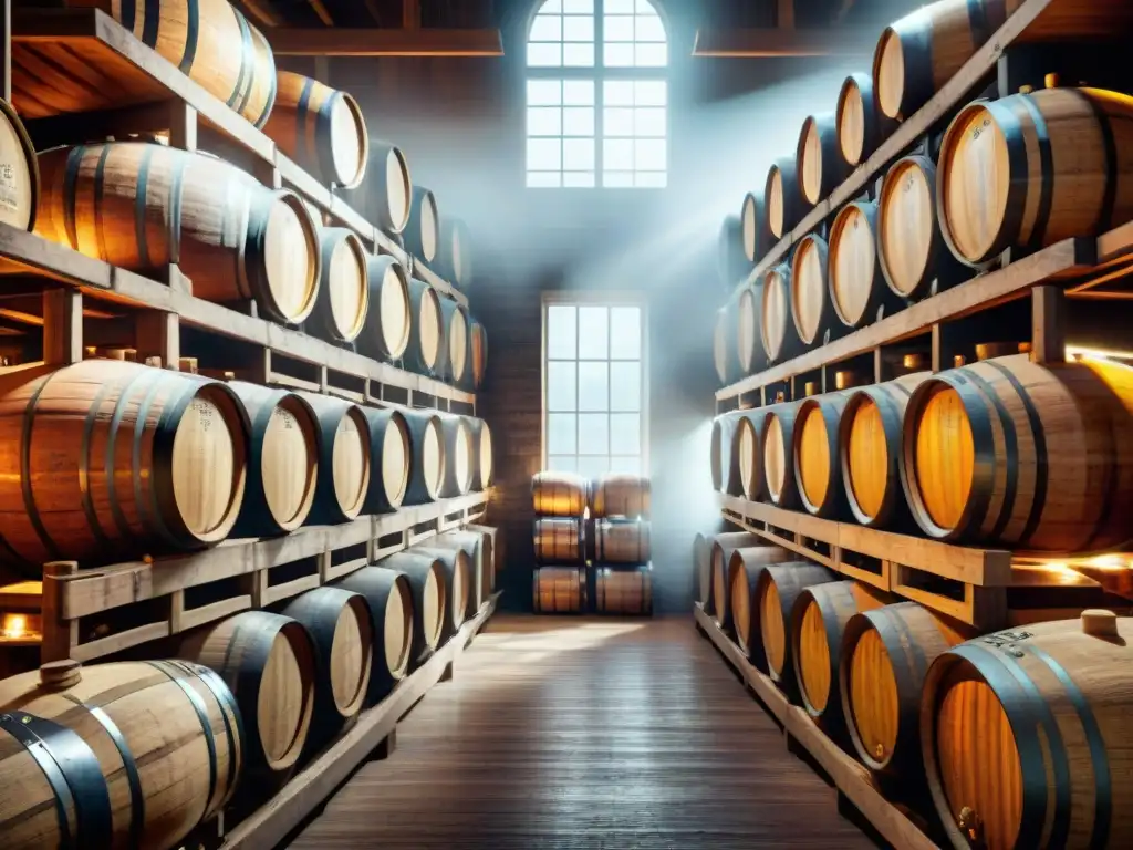 Sabores de whisky maduración en barriles de roble y jerez, en almacén con ambiente histórico y artesanal