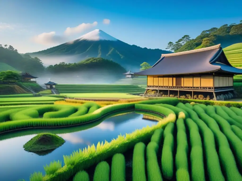 Degustación Saké Japonés Auténtica: Artesanos tradicionales en una destilería japonesa rodeada de arrozales verdes bajo un cielo azul sereno