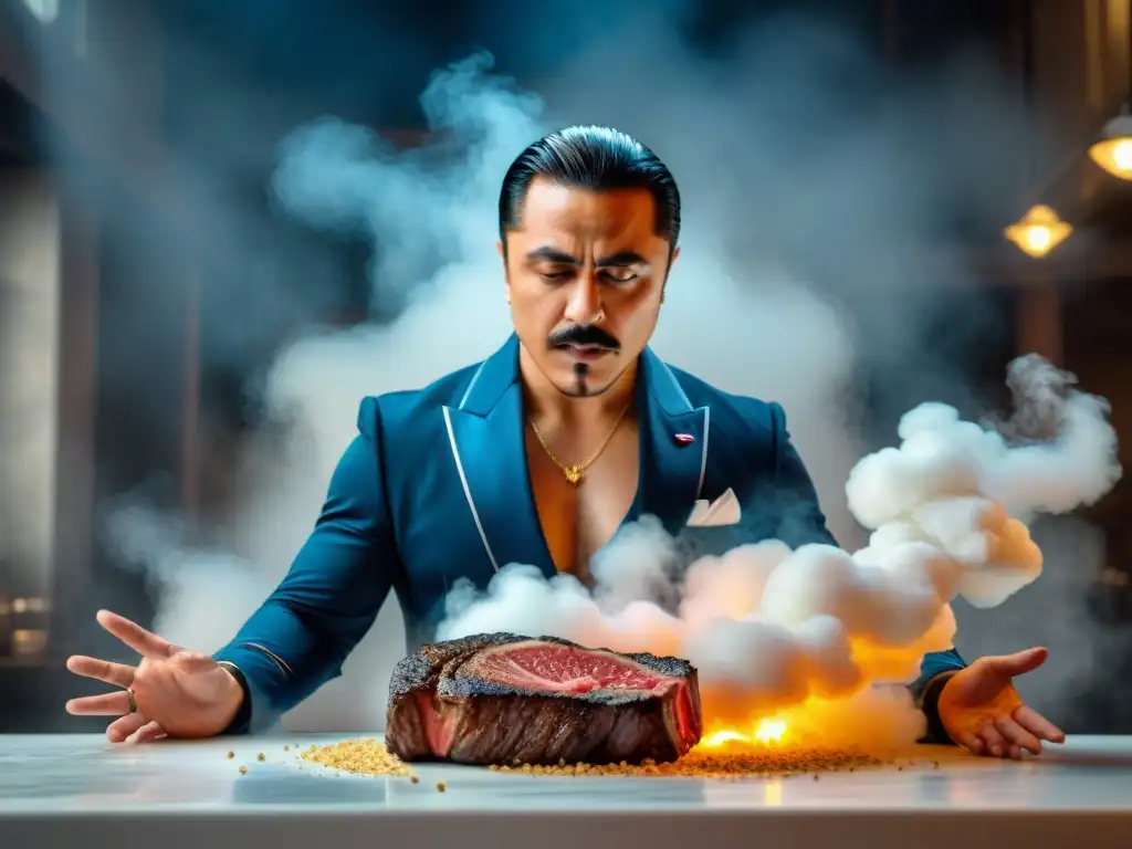 Influencers gastronomía Instagram revolución: Nusret Gökçe, Salt Bae, esparciendo sal sobre un jugoso filete en un elegante restaurante