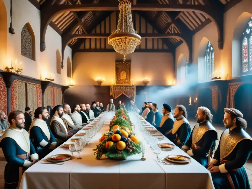 Salón medieval de banquetes con opulencia y esplendor, una escena inmersiva que evoca la transición gastronomía medieval moderna