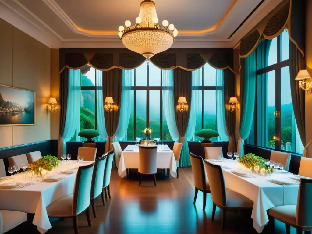 Un salón de comedor lujoso en un restaurante antiguo prestigioso, con detalles dorados y cristal brillante