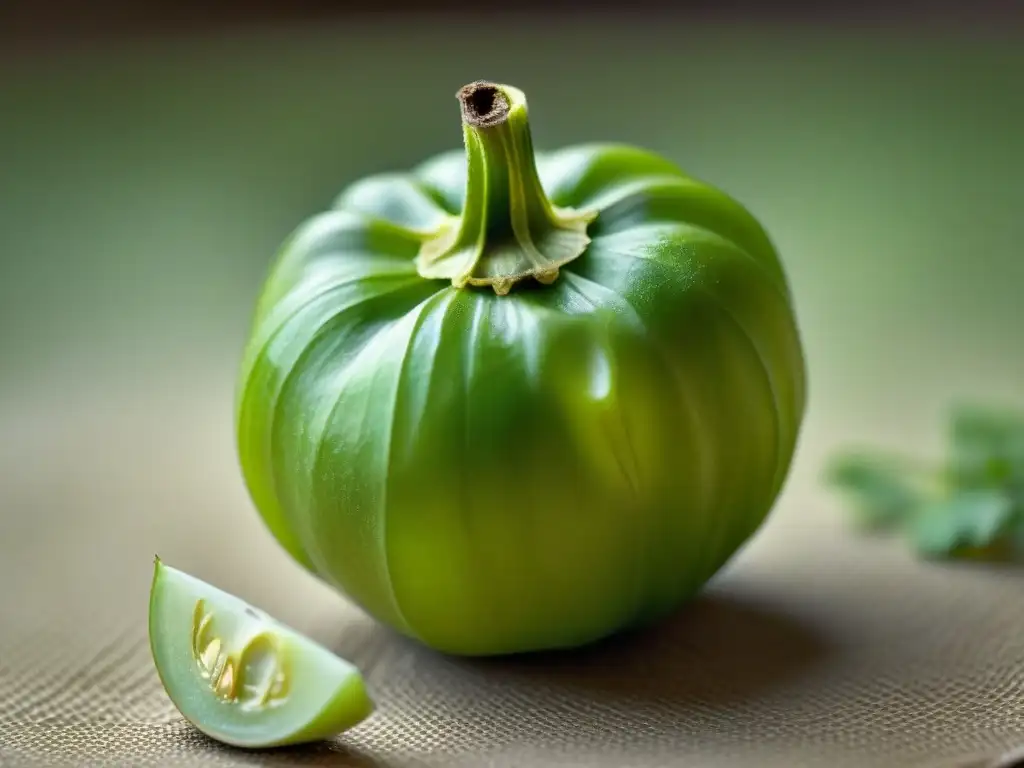 Salsa mexicana con tomatillos gourmet: Detalle vibrante y fresco de un tomatillo verde con cáscara parcialmente pelada