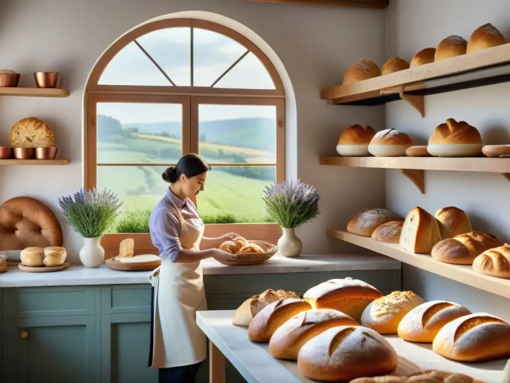 Un santuario de panadería gourmet en el campo, con cocina lujosa y panes artesanales