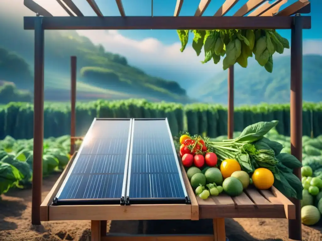 Secado solar cocina sostenible: Frutas, hierbas y verduras coloridas secándose al sol en un entorno natural y ecofriendly