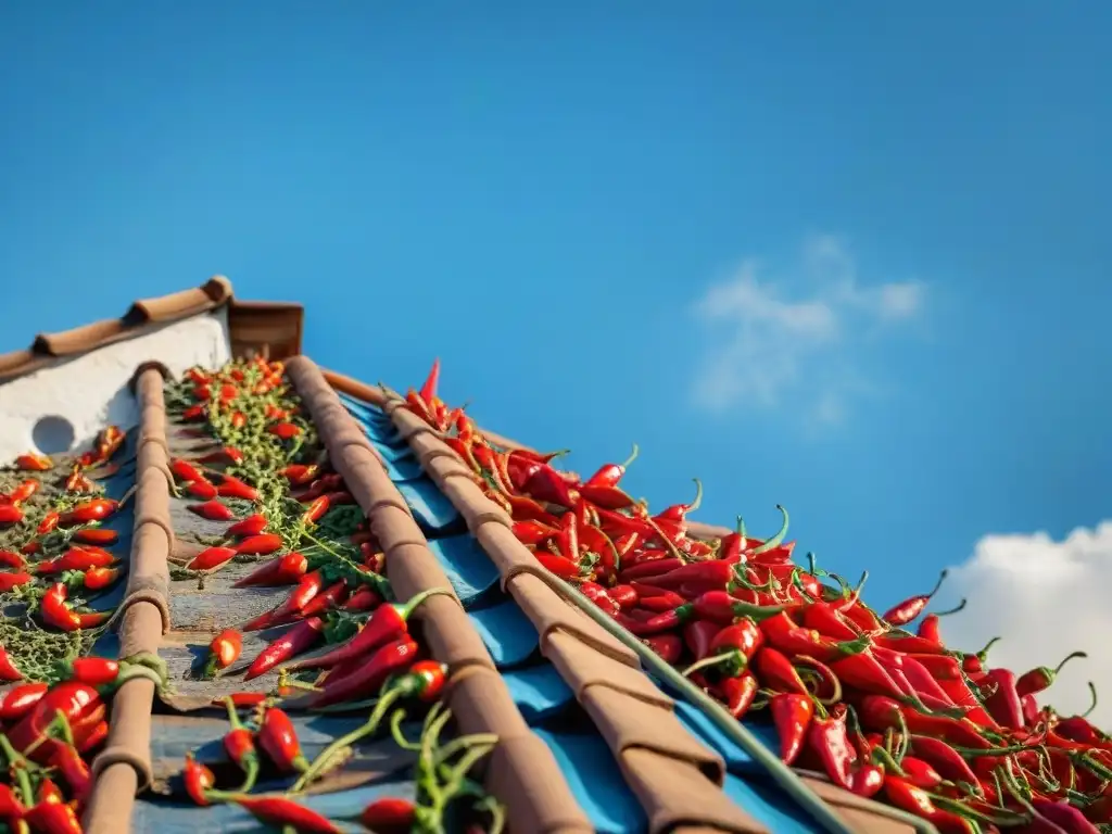 Secado solar de chili en techo de casa mediterránea, resaltando su textura rugosa y color intenso bajo el cálido sol