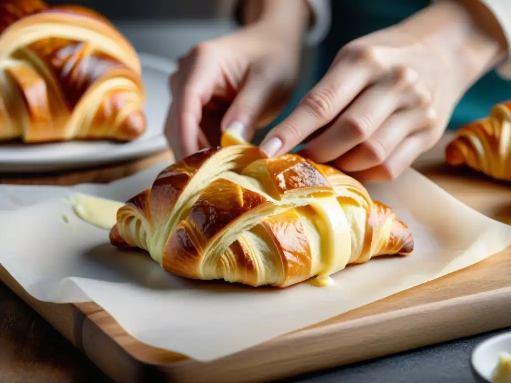 El secreto de croissants con capas perfectas gourmet: manos expertas fusionando mantequilla en la delicada masa, creando capas precisas y deliciosas