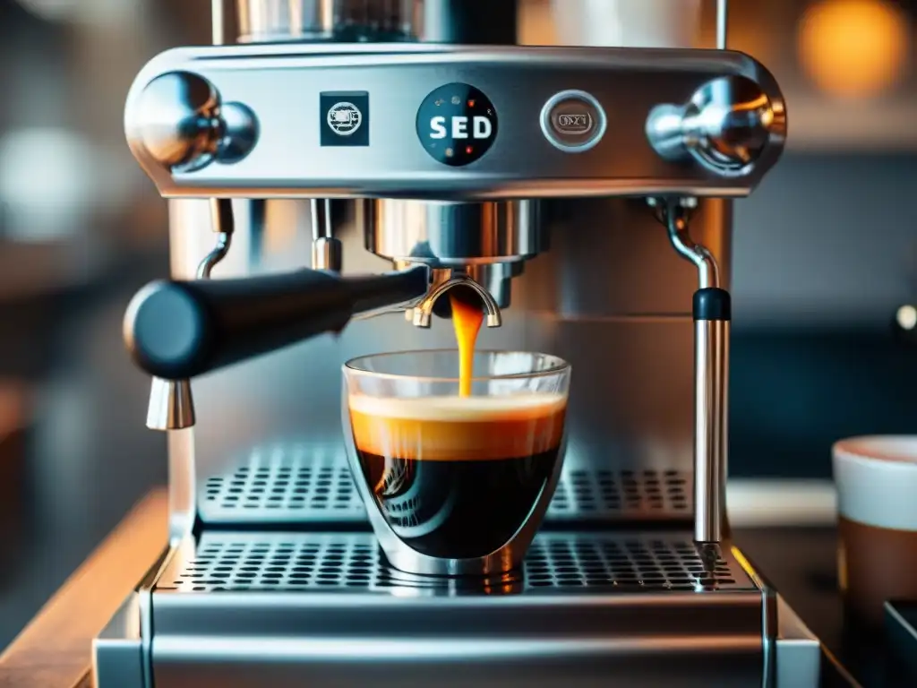 Secreto extracción espresso perfecta: Máquina brillante en acción, flujo oscuro y crema espesa en taza artesanal