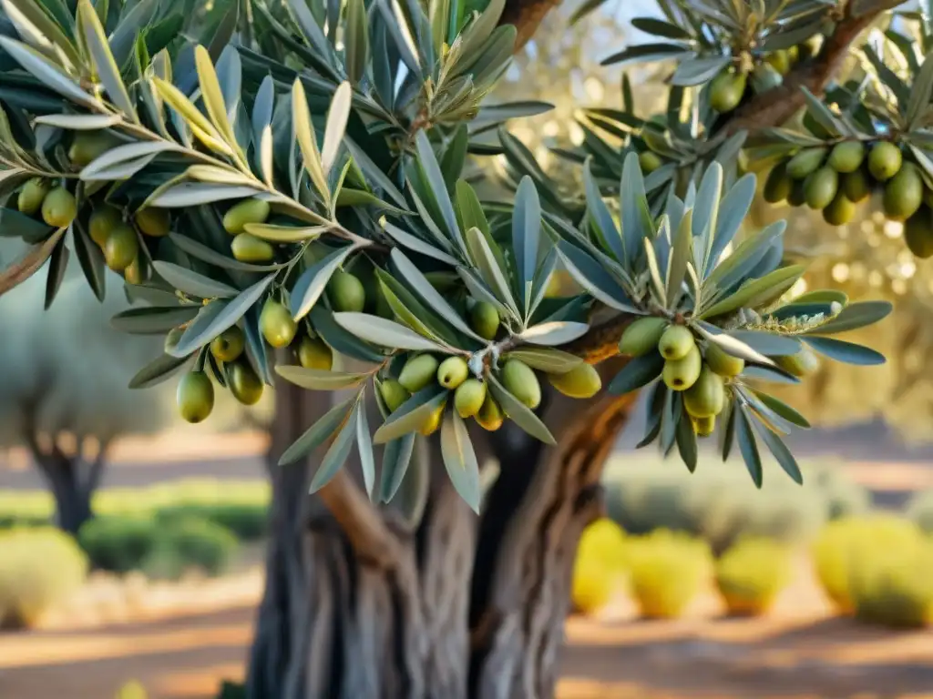 Secreto de los siglos: árbol de olivo centenario, hojas verdes vibrantes y olivas con textura y color profundos